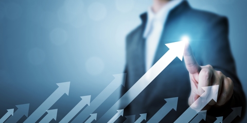 Business development to success and growing growth concept. Businessman pointing arrow graph corporate future growth