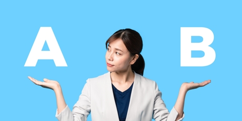 Young woman comparing an option A and an option B