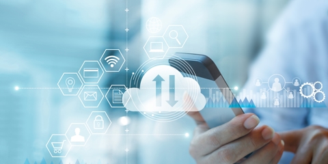 Businessman using mobile smartphone and connecting cloud computing service with icon customer network connection. Cloud device online storage. Cloud technology internet networking concept