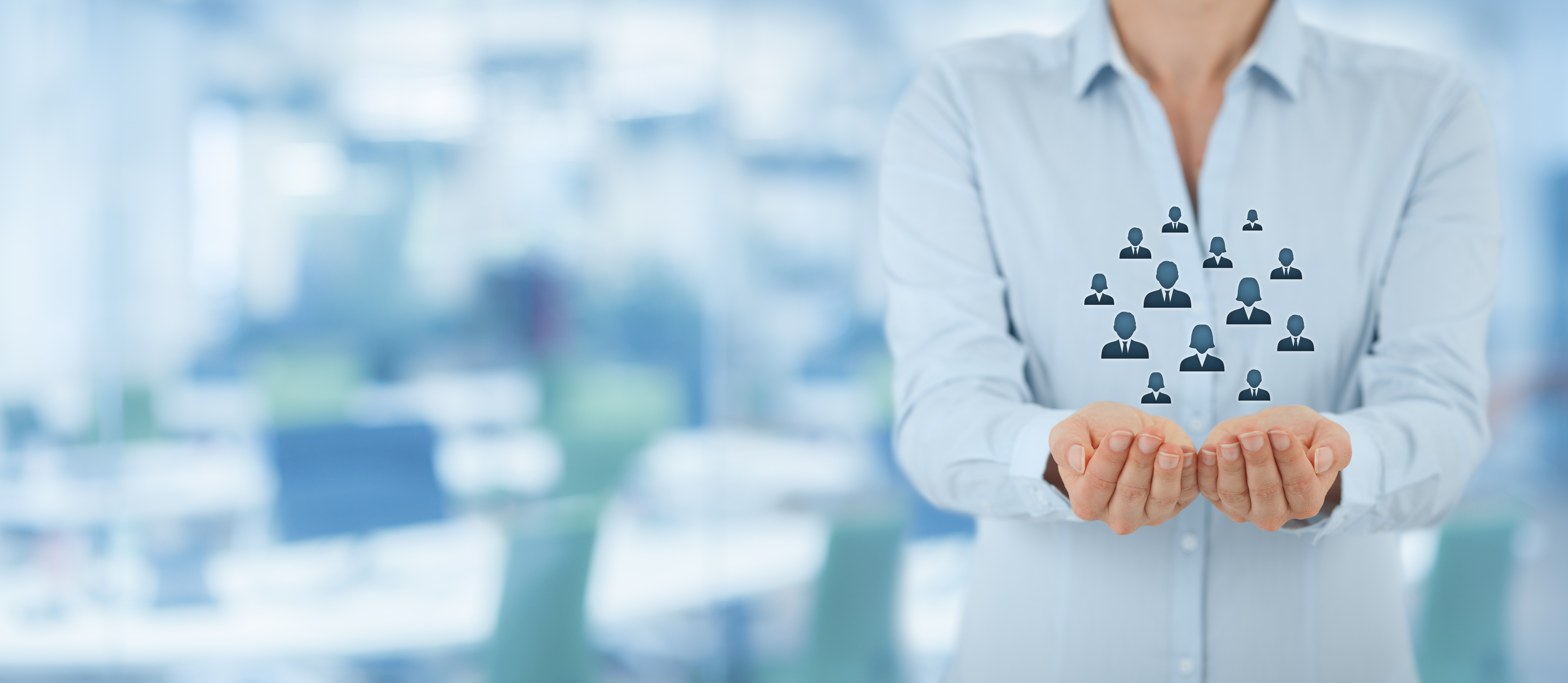 Marketing segmentation. Gathering/holding gesture of businesswoman, icons representing a group of people with office in background.