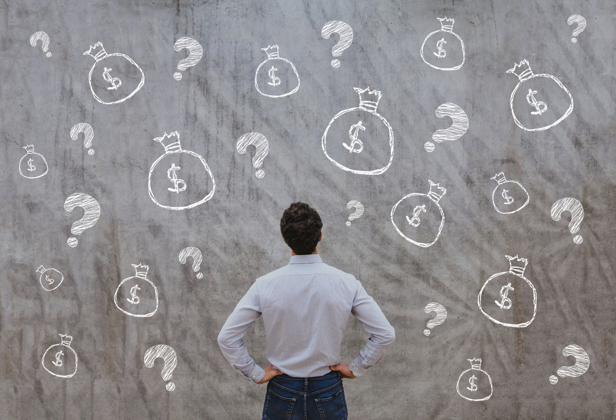 Man looking at a wall with money bags and question marks
