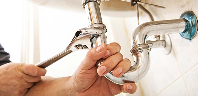 close up of plumber using wrench on sink pipe